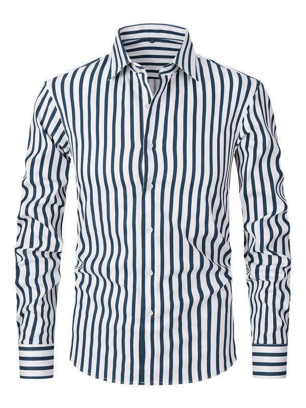 Men's Striped Print Button Front Shirt, Regular Fit Casual Long Sleeve Collared Top for Spring & Fall, Men's Clothes for Business Work Daily Wear