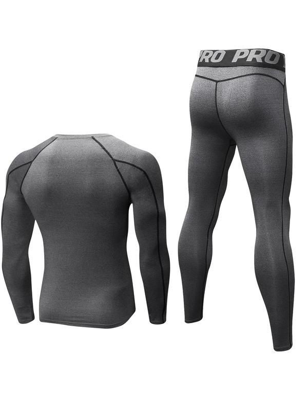 Men's Thermal Underwear Set, Long Sleeve Round Neck Compression Top & Letter Print Leggings, Casual Comfy Thermal Underwear Set for Fall & Winter