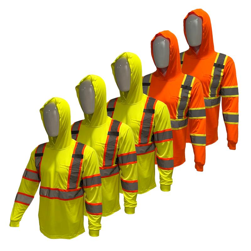 5 PACK SHIRT ST908 - High Visibility Hoodie Long Sleeve Safety Shirt with Hoodie Polyester Birdeye Mesh in Various Colors