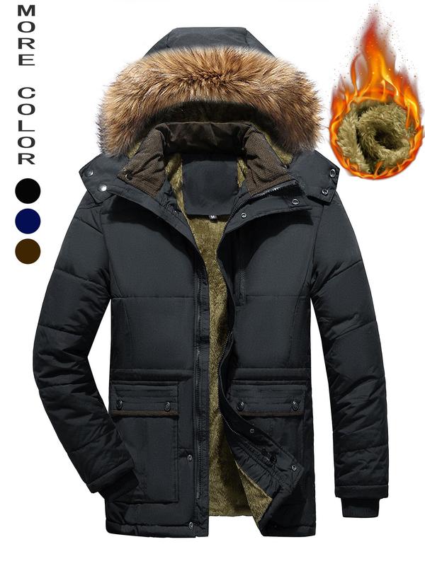 Men's Regular Fit Contrast Faux Fur Thermal  Lined Hooded Winter Coat, Casual Long Sleeve Zip Up Outerwear for Fall & Winter, Men's Clothes for Daily Wear