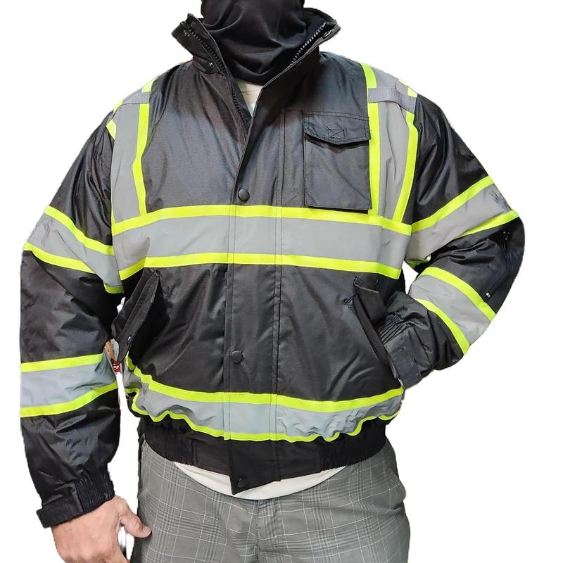 High Visibility Reflective Black Safety Bomber Jacket with Quilted Insulation (SIZE WELL)