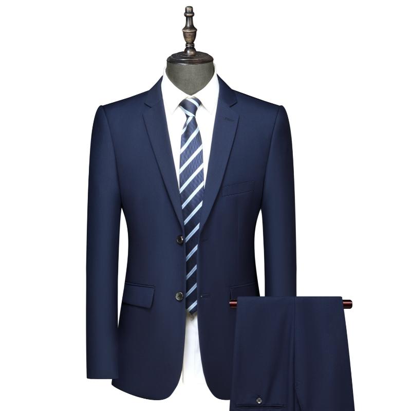 Formal 2 Pieces Set, Men's Two Button Suit Jacket & Dress Pants Suit Set For Business Dinner Wedding Party Menswear Polyester Sleeve Collar