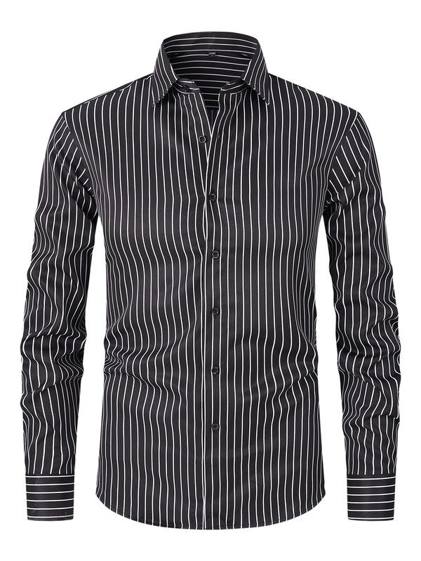 Men's Striped Print Button Front Shirt, Regular Fit Casual Long Sleeve Collared Top for Spring & Fall, Men's Clothes for Business Work Daily Wear