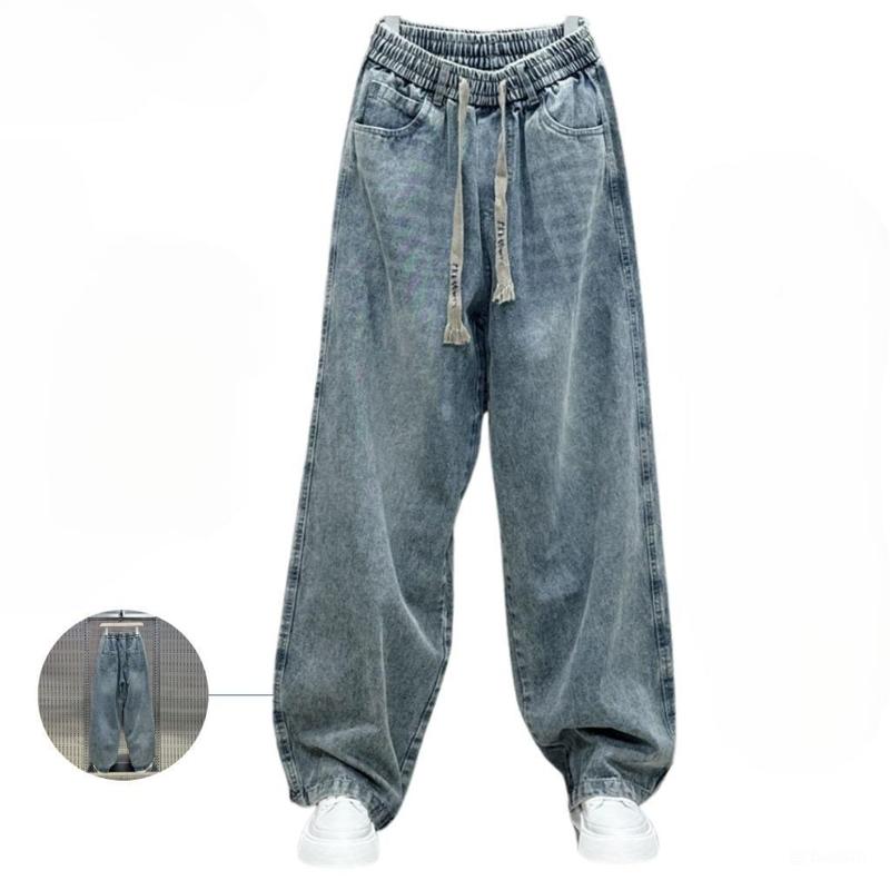 Men's Wide Leg Jeans with Elastic Waist Drawstring, Street Style, Casual Jeans, Men's Casual Jeans