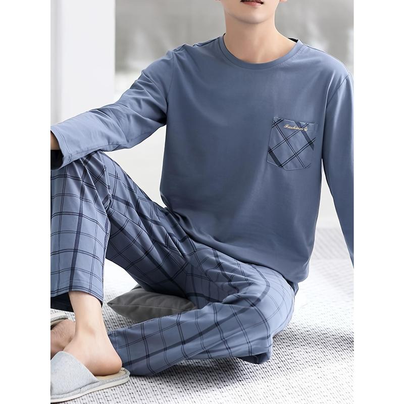 New-1 Set of Men's Classic Comfortable Plaid Pajamas: Soft, Skin-Friendly Long Sleeves & Trousers for Home Wear Loungewear Menswear