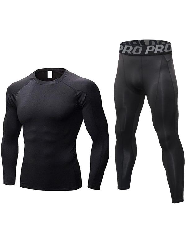 Men's Thermal Underwear Set, Long Sleeve Round Neck Compression Top & Letter Print Leggings, Casual Comfy Thermal Underwear Set for Fall & Winter