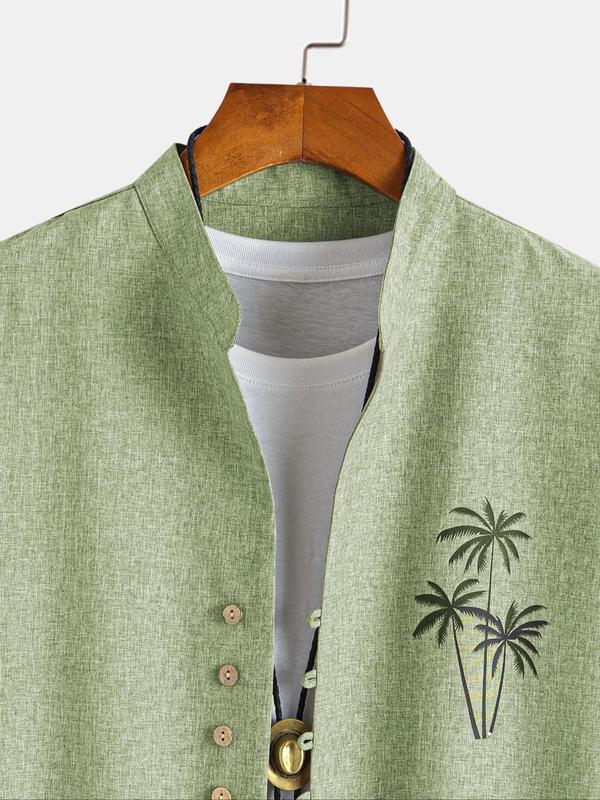 Men's Loose Coconut Tree Print Button Front Shirt, Casual Short Sleeve Mock Neck Top for Summer, Fashion Men's Streetwear Clothes for Daily Wear