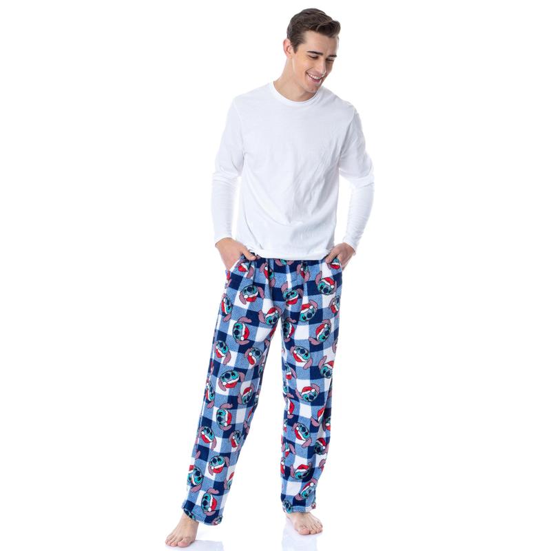 Disney Adult Lilo And Stitch Christmas Santa Hat Buffalo Plaid Print Soft Fleece Sleep Pajama Pants for Men Women