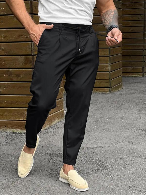 Men's Solid Drawstring Waist Pants, Casual Pocket Button Trousers for Work Office, Mens Slim Fit Bottoms for Summer, Menswear, Summer Clothes