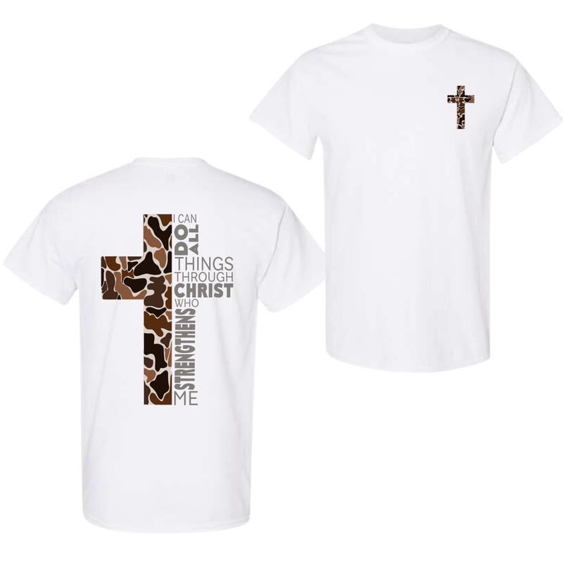 Christian T-Shirt, Camo Cross Design With Philippians 4:13 Verse, Perfect For Faithful Believers And Outdoorsmen