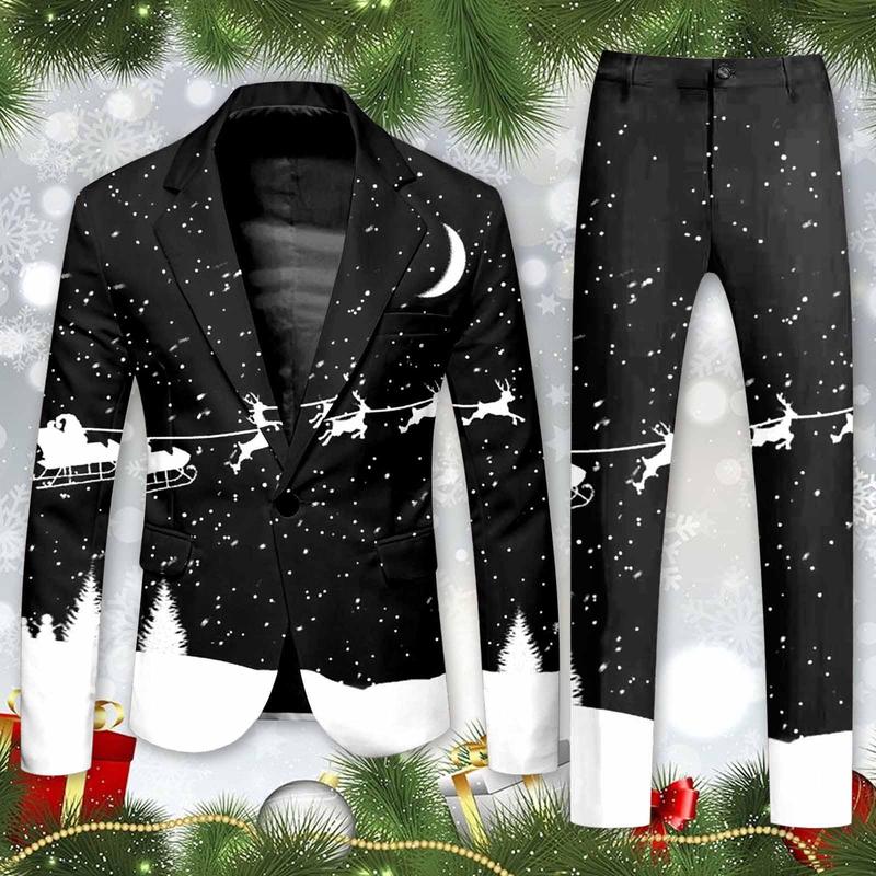 Men’s Christmas Formal Party Blazer Suit - Long Sleeve Lapel Single-Button Suit Coat with Pockets and Slim Long Pants, Blazer Set