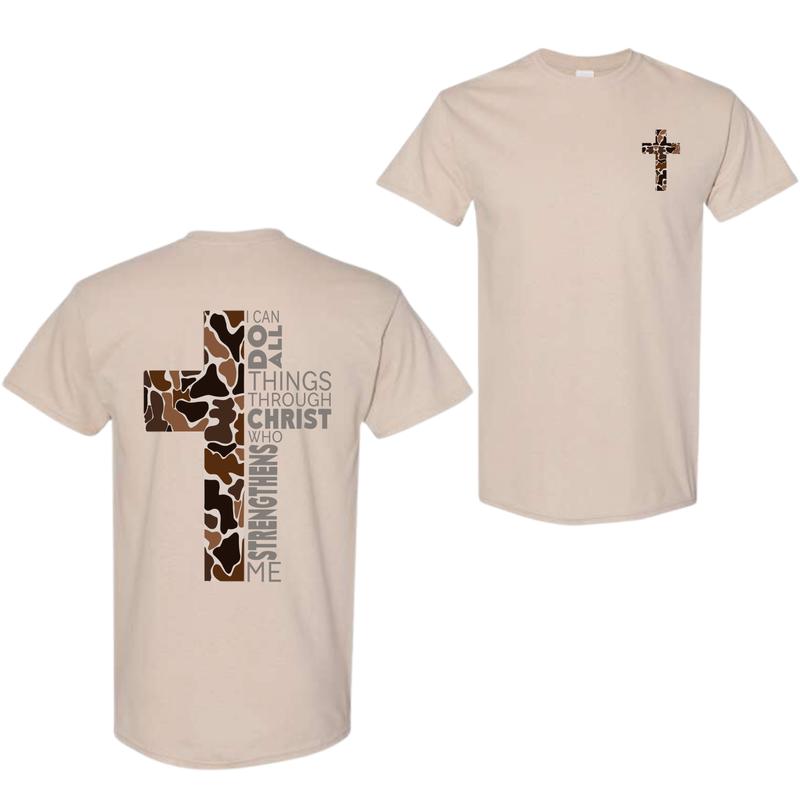 Christian T-Shirt, Camo Cross Design With Philippians 4:13 Verse, Perfect For Faithful Believers And Outdoorsmen