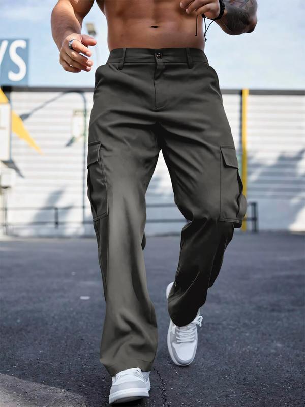 Men's Solid Flap Pocket Cargo Pants, Loose Casual Button Design Trousers for Daily Wear, Fashion Men's Bottoms for All Seasons