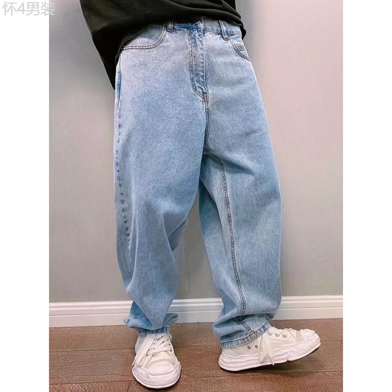 Wide Leg Men's Solid Denim Pants, Loose Fit Versatile Fashion Leisure Jeans for All Seasons Menswear Polyester