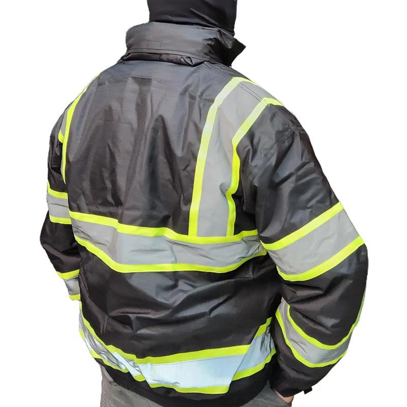 High Visibility Reflective Black Safety Bomber Jacket with Quilted Insulation (SIZE WELL)