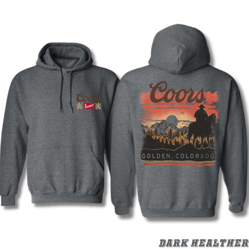 Coors Banquet Hoodie, Classic Western Design Featuring a Cowboy and Mountain Landscape, Perfect for Fans of Coors and the Spirit of the Wild West