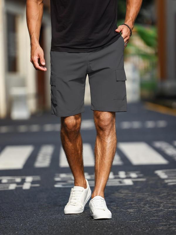 Men's Solid Pocket Cargo Shorts, Regular Fit Casual Elastic Waist Straight Leg Shorts, Summer Woven Bottoms for Men