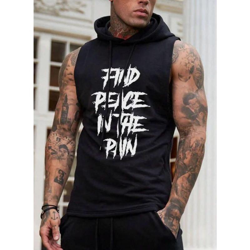 Men's Sleeveless Hooded Tank Top: Letter Print with Drawstring for Trendy Casual Style Fabric Menswear