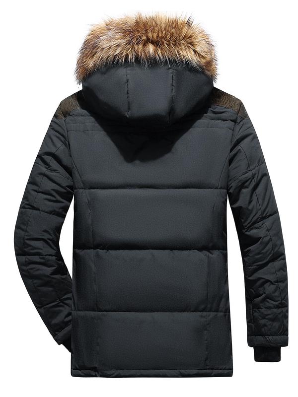 Men's Regular Fit Contrast Faux Fur Thermal  Lined Hooded Winter Coat, Casual Long Sleeve Zip Up Outerwear for Fall & Winter, Men's Clothes for Daily Wear