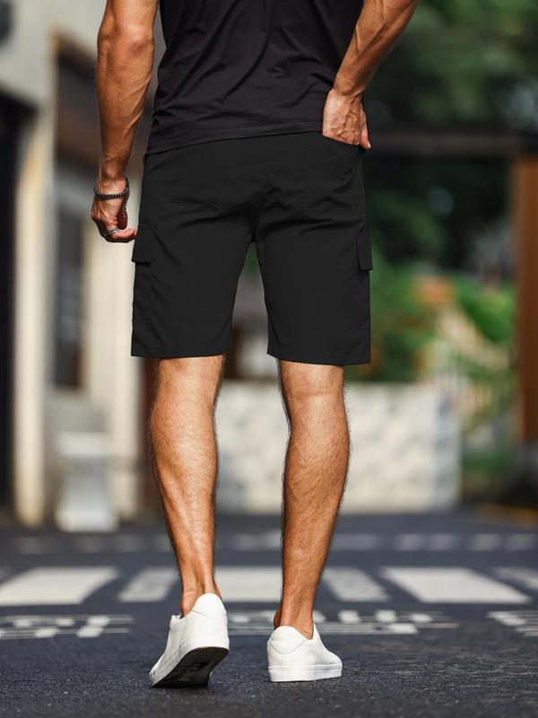 Men's Solid Pocket Cargo Shorts, Regular Fit Casual Elastic Waist Straight Leg Shorts, Summer Woven Bottoms for Men