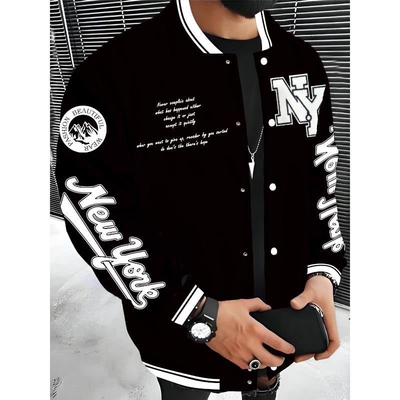 New York Series Men's Casual Fleece Baseball Jacket - 100% Polyester Knit Fabric, Slight Stretch, Alphabets Pattern, Regular Fit Fall Winter Jacket with Baseball Collar Style Menswear Coats Menswear Coats Menswear Coats Menswear Coats Menswear Coats Tops
