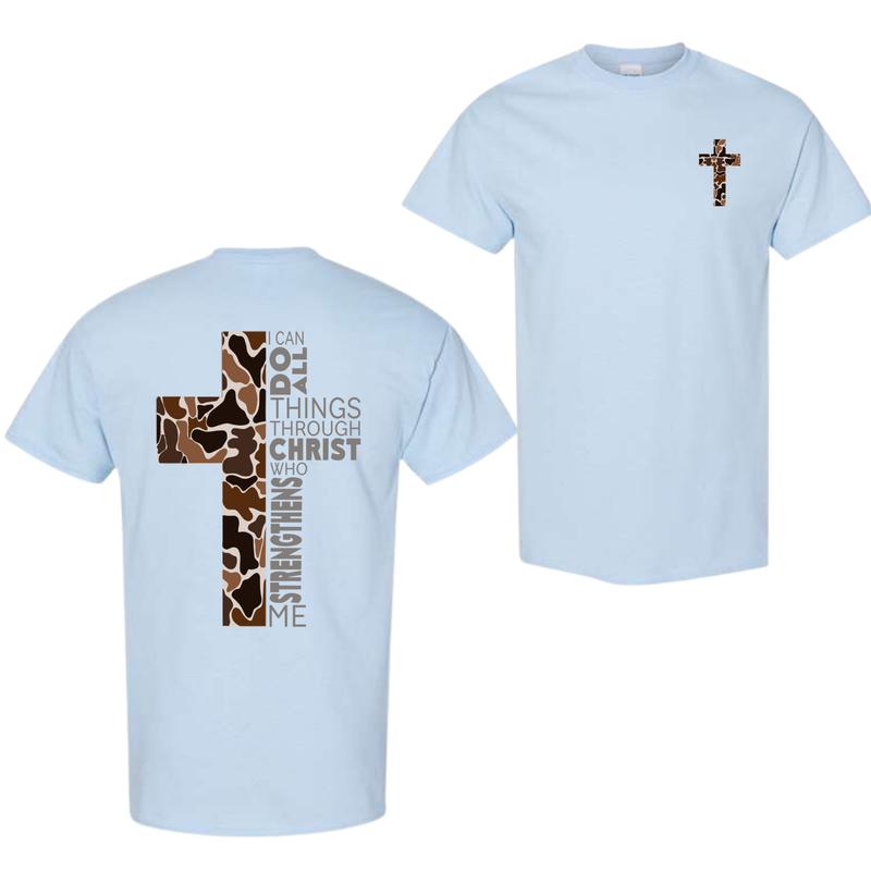 Christian T-Shirt, Camo Cross Design With Philippians 4:13 Verse, Perfect For Faithful Believers And Outdoorsmen