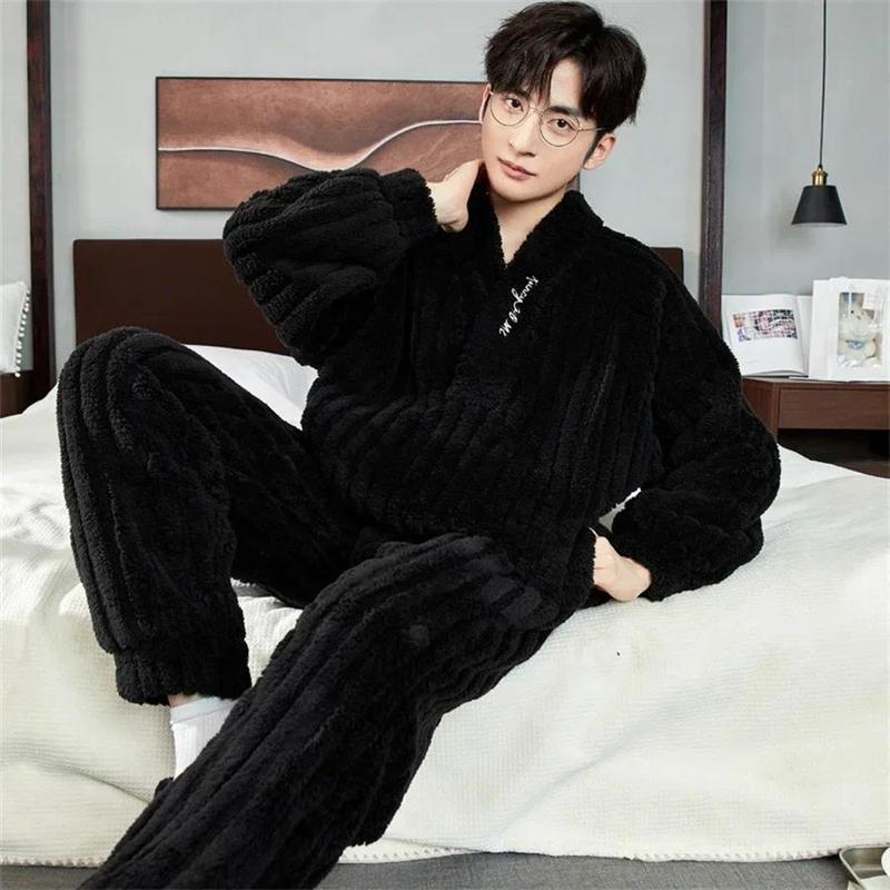 2024 New Winter Warm Coral Fleece Men Pajamas Set Fluffy Tops + Long Pants Sleepwear for Sleeping 2 Piece Homewear Loungewear