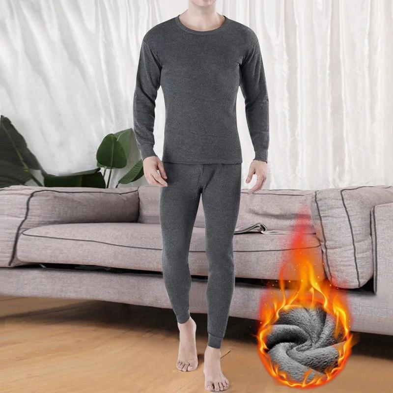 2pcs Set Men Winter Fleece-Lined Underwear Thermal Long Johns Thicken Warm Tops Pants Soft Comfortable Pajamas Man Clothing