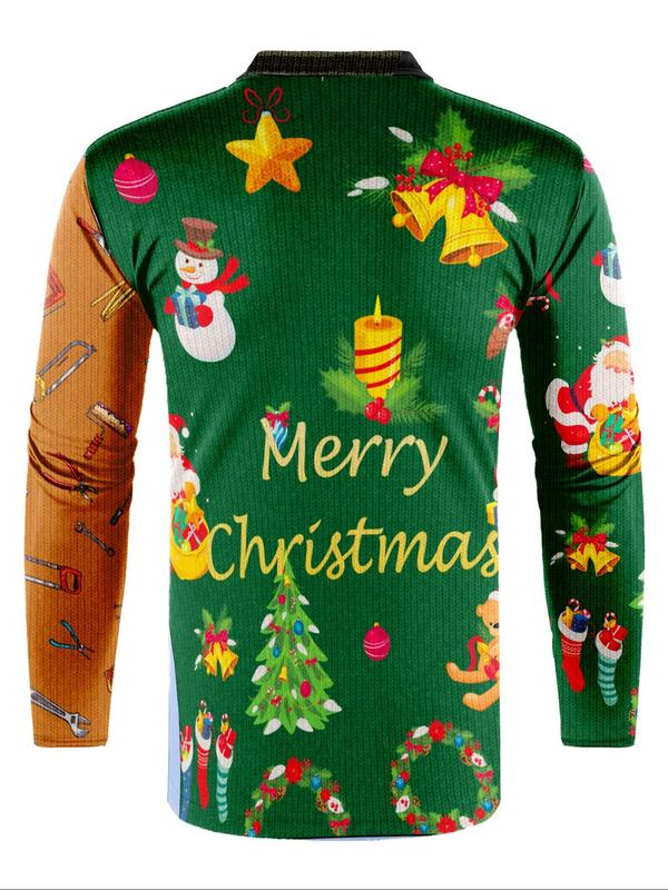 Men's All Over Christmas Cartoon Print Button Closure Polo Shirt, Regular Fit Casual Long Sleeve Collared Top for Fall & Winter, Men's Clothes for Daily Wear