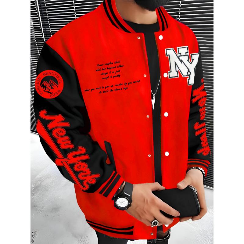New York Series Men's Casual Fleece Baseball Jacket - 100% Polyester Knit Fabric, Slight Stretch, Alphabets Pattern, Regular Fit Fall Winter Jacket with Baseball Collar Style Menswear Coats Menswear Coats Menswear Coats Menswear Coats Menswear Coats Tops
