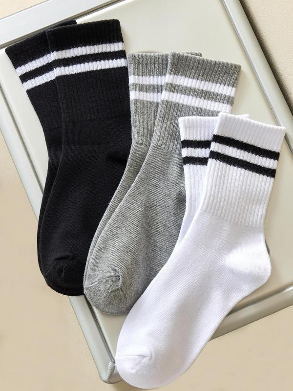 Men's 3 Pairs Striped Print Crew Socks, Comfort Cozy Sporty Sweat-absorb Mid Calf Socks For Men, Men's Socks For All Seasons