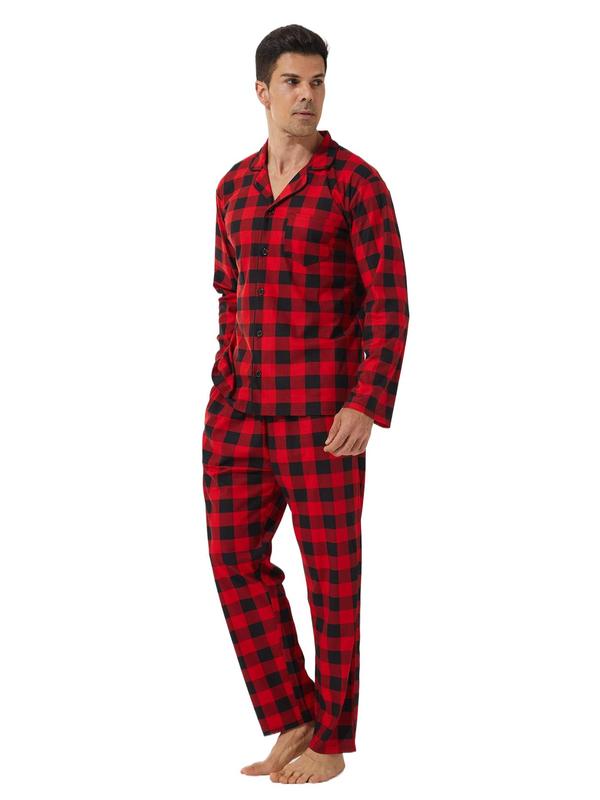 Men's Plaid Print Button Front Pocket Top & Pants Loungewear Two-piece Set, Casual Comfy Long Sleeve Lapel Neck Top & Pocket Pants Lounge Set, Men's Loungewear for Spring & Fall