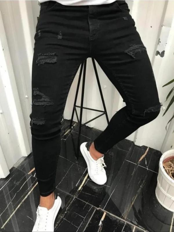 Men's Ripped Pocket Skinny Jeans, Casual Comfy Regular Fit Button Fly Denim Pants for Daily Wear, Fashion Men's Bottoms for All Seasons