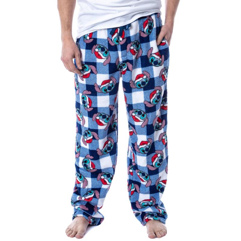 Disney Adult Lilo And Stitch Christmas Santa Hat Buffalo Plaid Print Soft Fleece Sleep Pajama Pants for Men Women