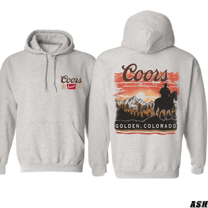 Coors Banquet Hoodie, Classic Western Design Featuring a Cowboy and Mountain Landscape, Perfect for Fans of Coors and the Spirit of the Wild West