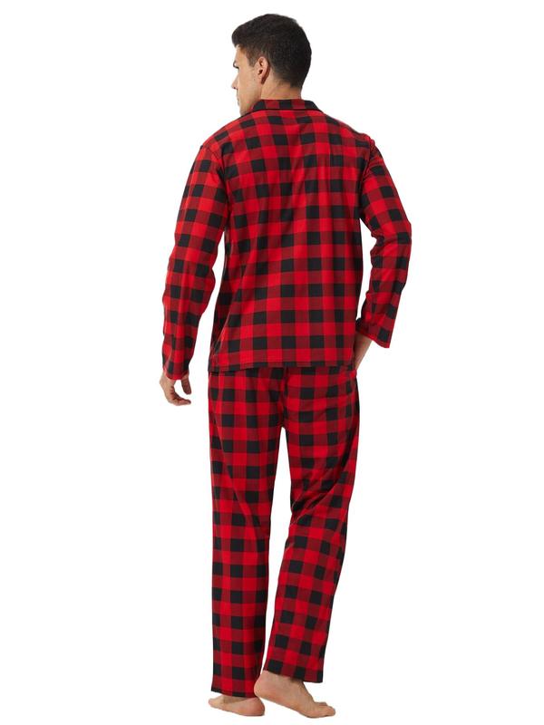 Men's Plaid Print Button Front Pocket Top & Pants Loungewear Two-piece Set, Casual Comfy Long Sleeve Lapel Neck Top & Pocket Pants Lounge Set, Men's Loungewear for Spring & Fall