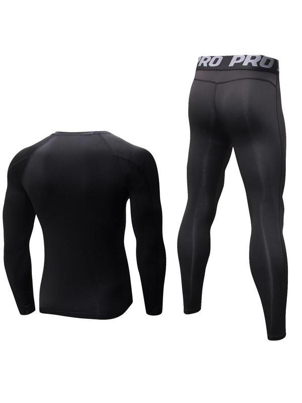 Men's Thermal Underwear Set, Long Sleeve Round Neck Compression Top & Letter Print Leggings, Casual Comfy Thermal Underwear Set for Fall & Winter