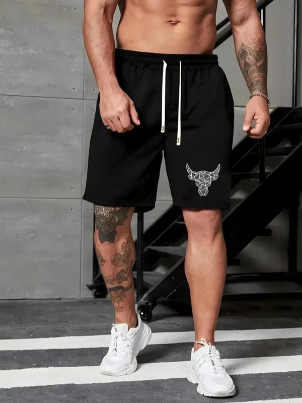 Men's Bull Head Print Drawstring Shorts, Regular Fit Casual Pocket Elastic Waist Shorts, Men's Bottoms for Summer Daily Wear