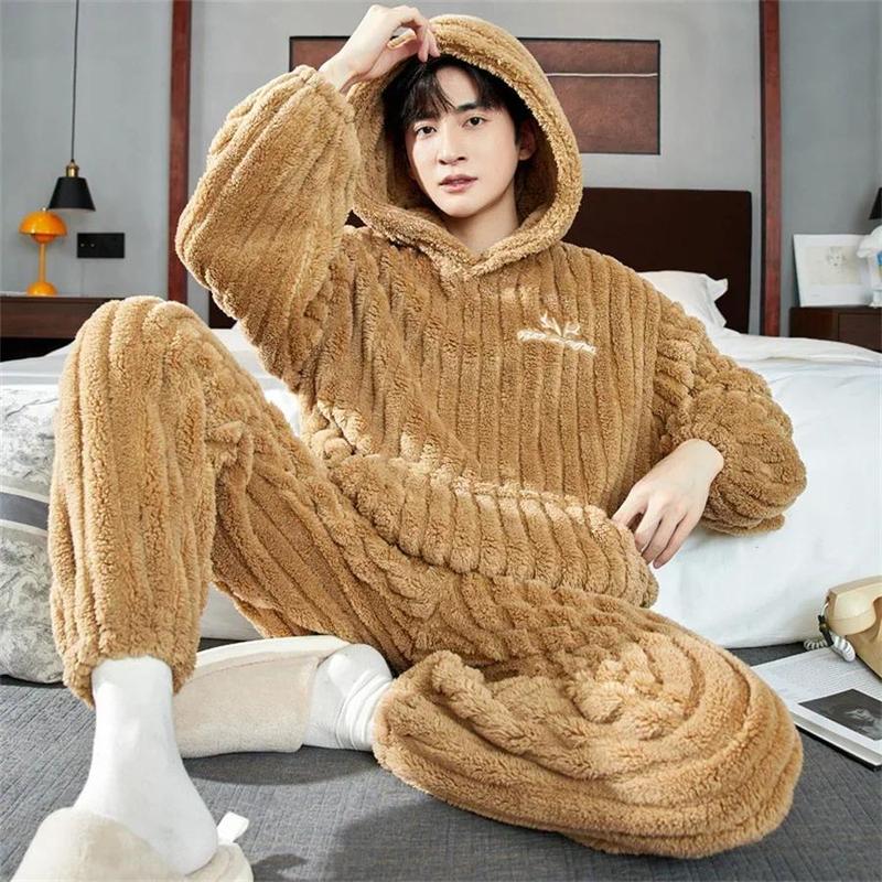 2024 New Winter Warm Coral Fleece Men Pajamas Set Fluffy Tops + Long Pants Sleepwear for Sleeping 2 Piece Homewear Loungewear