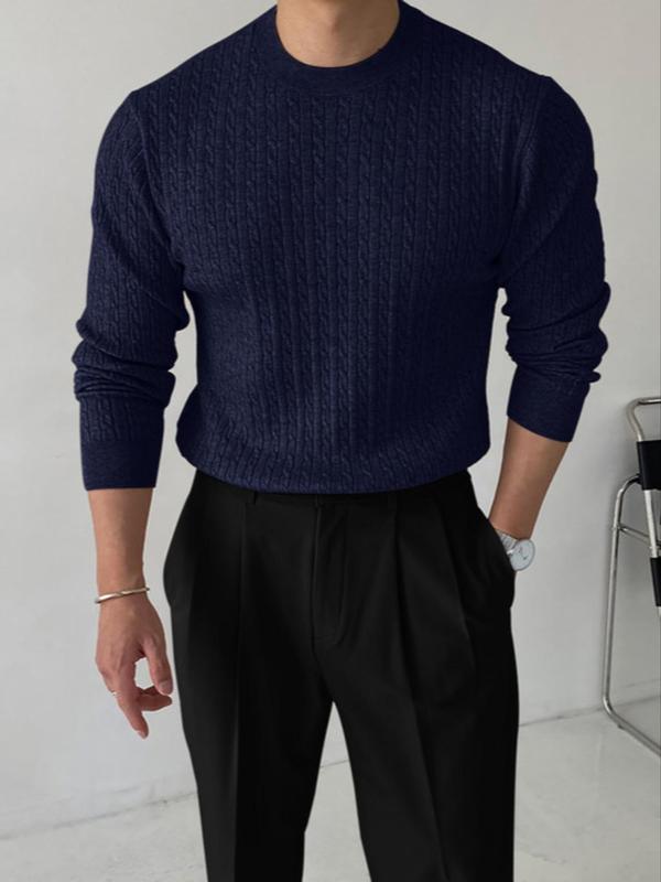 Men's Solid Textured Round Neck Sweater, Slim Casual Long Sleeve Crew Neck Jumper for Fall & Winter, Fashion Men's Knitwear for Daily Wear