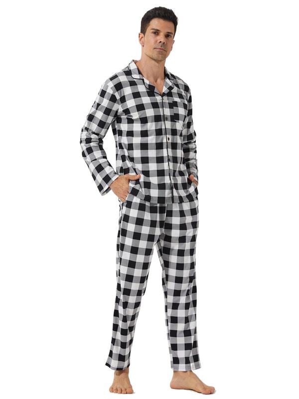 Men's Plaid Print Button Front Pocket Top & Pants Loungewear Two-piece Set, Casual Comfy Long Sleeve Lapel Neck Top & Pocket Pants Lounge Set, Men's Loungewear for Spring & Fall