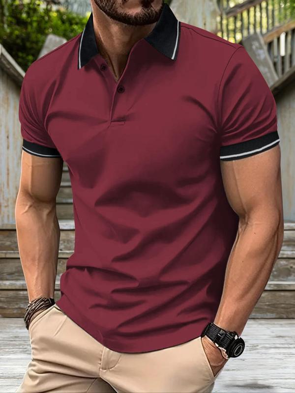 Men's Patchwork Short Sleeve Polo Shirt, Regular Fit Casual Streetwear Button Front Top, Summer Clothes for Men