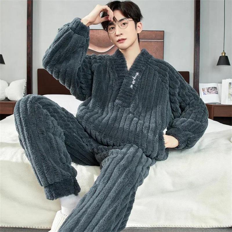 2024 New Winter Warm Coral Fleece Men Pajamas Set Fluffy Tops + Long Pants Sleepwear for Sleeping 2 Piece Homewear Loungewear