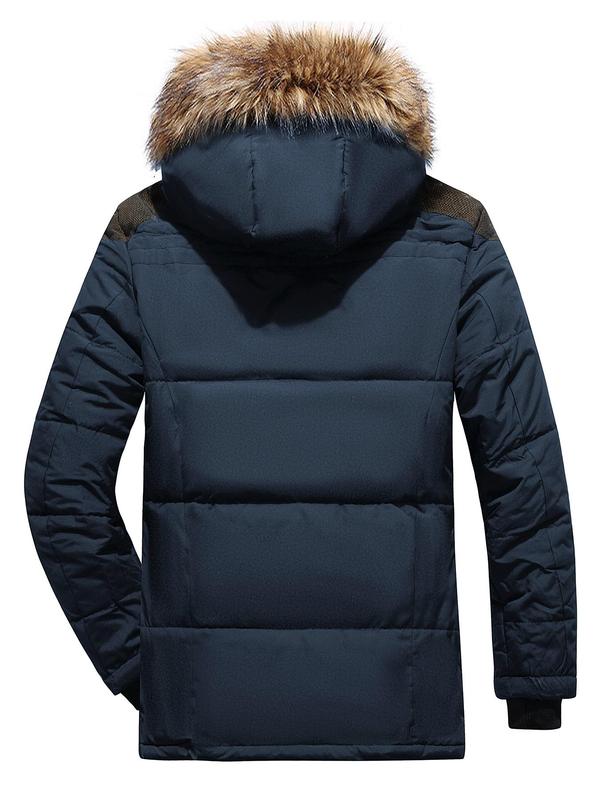 Men's Regular Fit Contrast Faux Fur Thermal  Lined Hooded Winter Coat, Casual Long Sleeve Zip Up Outerwear for Fall & Winter, Men's Clothes for Daily Wear