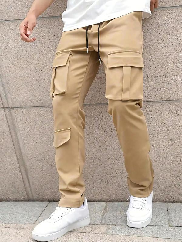 Men's Solid Pocket Drawstring Waist Cargo Pants, Regular Fit Casual Street Fashion Multi-Pocket Trousers for Daily Wear, Men's Bottoms for All Seasons