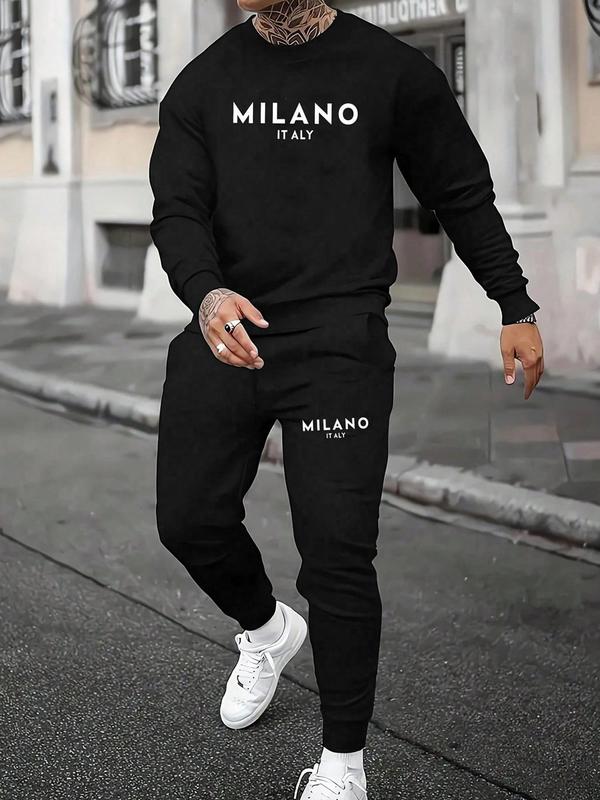  Two-Piece Set Men's Letter Print Drop Shoulder Sweatshirt & Sweatpants Set, Casual Fashion Cozy Regular Fit Round Neck Long Sleeve Pullover & Jogger Pants for Daily Wear, Men's Two-piece Outfits for Fall & Winter