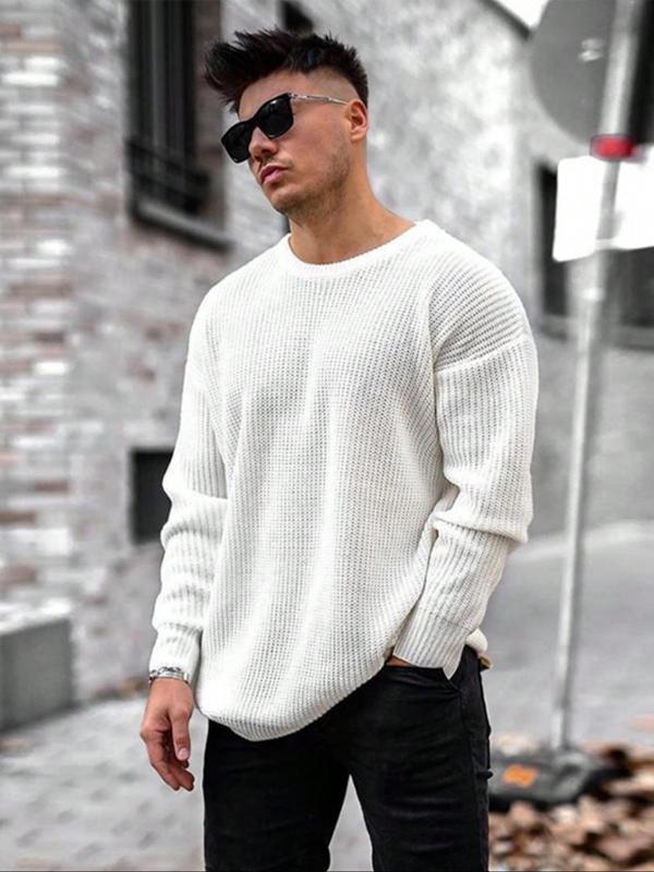 Men's Solid Color Drop Shoulder Sweater, Regular Fit Casual Long Sleeve Round Neck Jumper for Fall & Winter, Fashion Men's Knitwear for Daily Wear