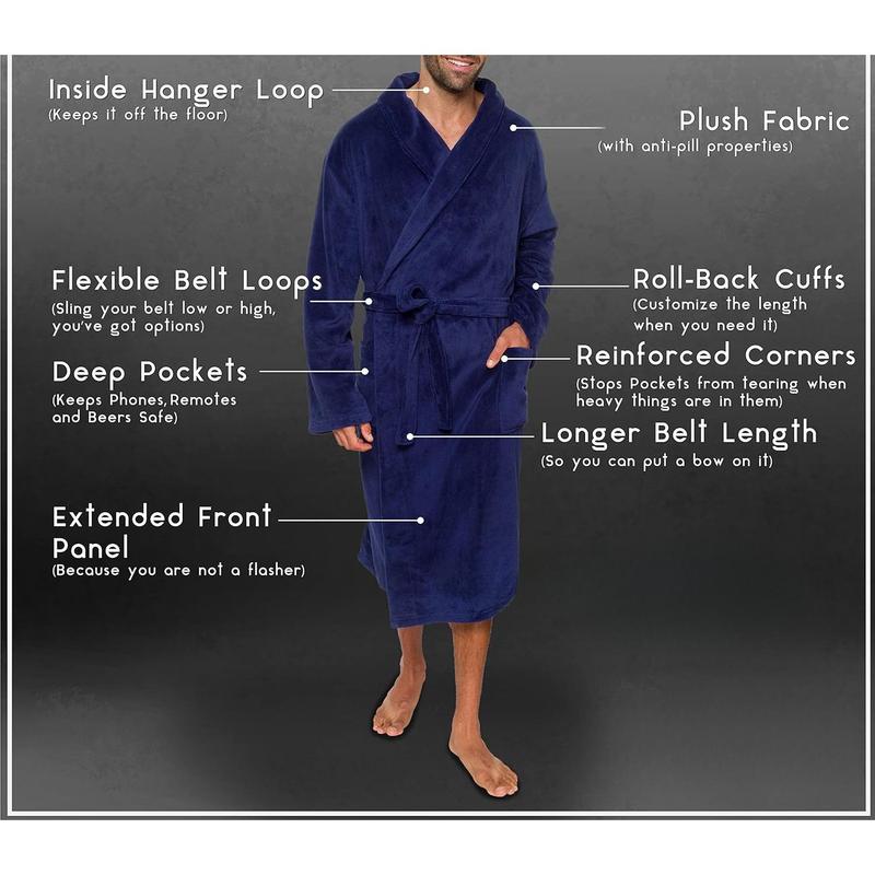 Mens Robe Shawl Collar Wrap Style - Mid Length Plush Bathrobe Menswear Gowns