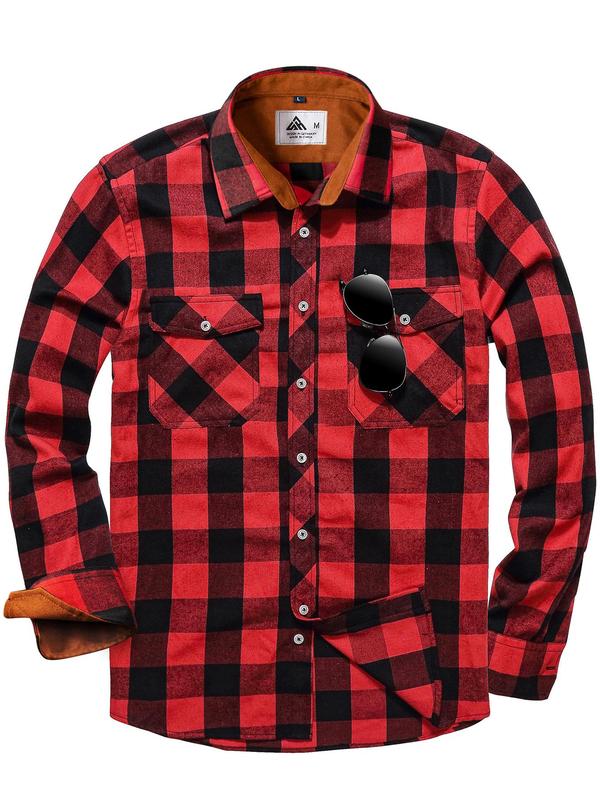 Men's Plaid Print Button Front Shirt, Shirts for Men, 2000s Shirts, Regular Fit Casual Long Sleeve Collared School Tops for Spring & Fall, Men's Clothes for Daily Wear