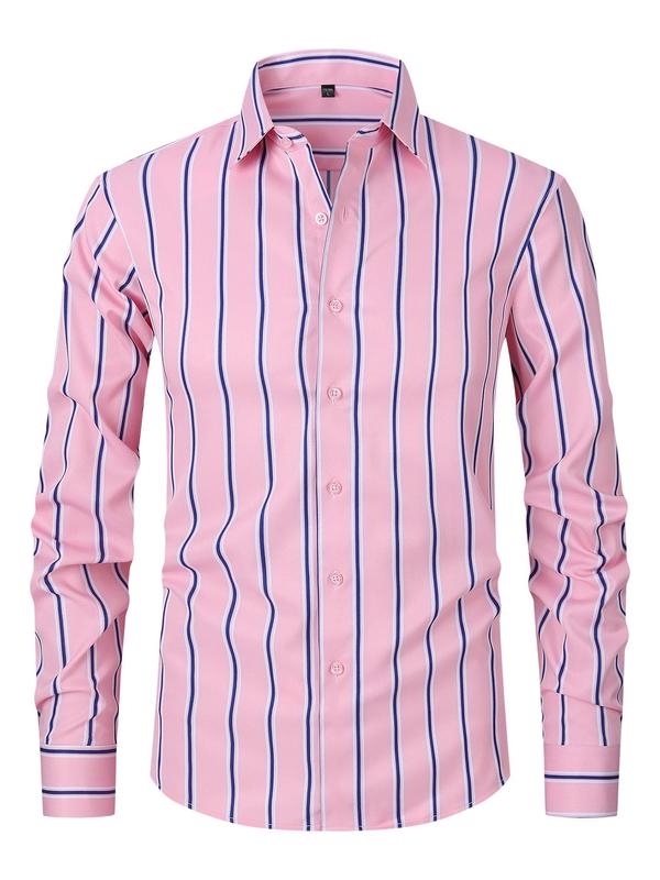 Men's Striped Print Button Front Shirt, Regular Fit Casual Long Sleeve Collared Top for Spring & Fall, Men's Clothes for Business Work Daily Wear